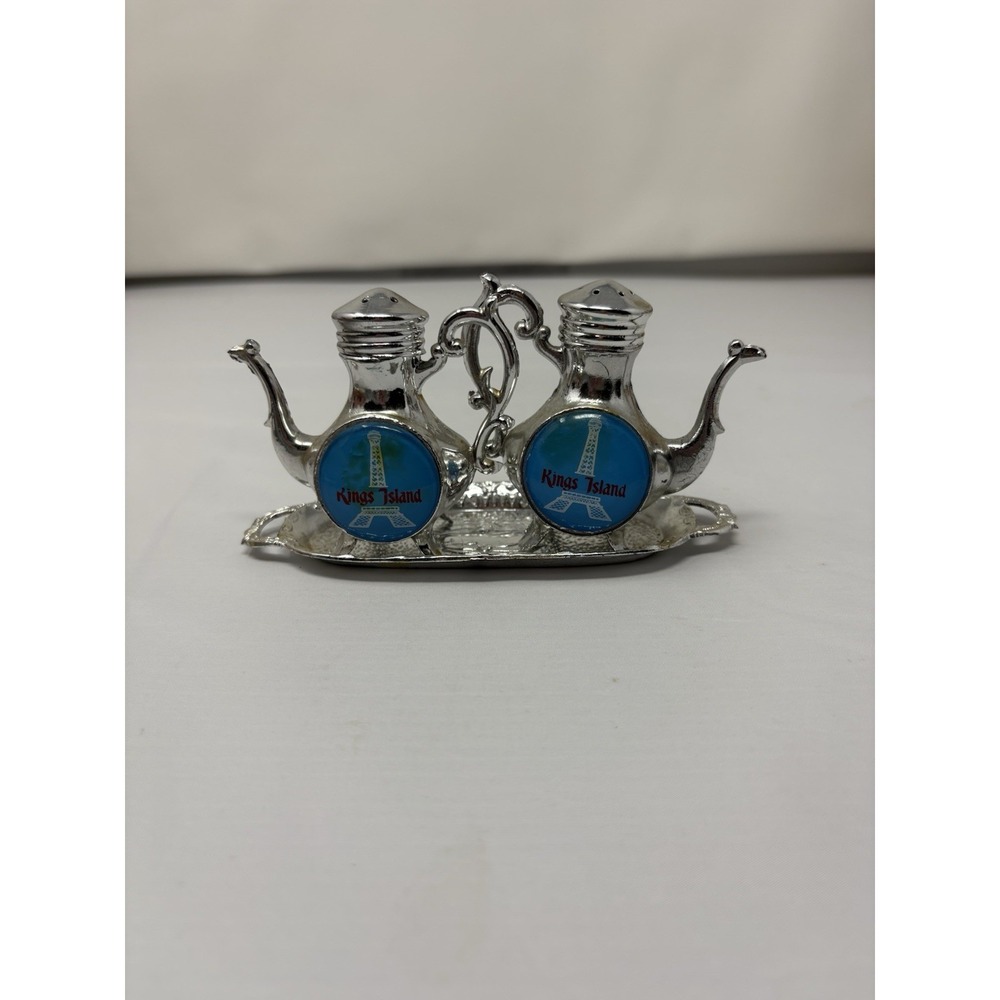 Vintage Kings Island Collectible Tea Pot Silver Salt & Pepper Shakers Tray MCM
